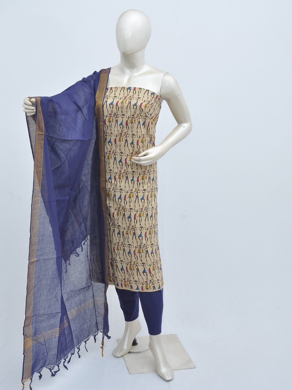 Mirror Embellished Kalamkari Print Dress Material with Animal & Human Figure Motifs