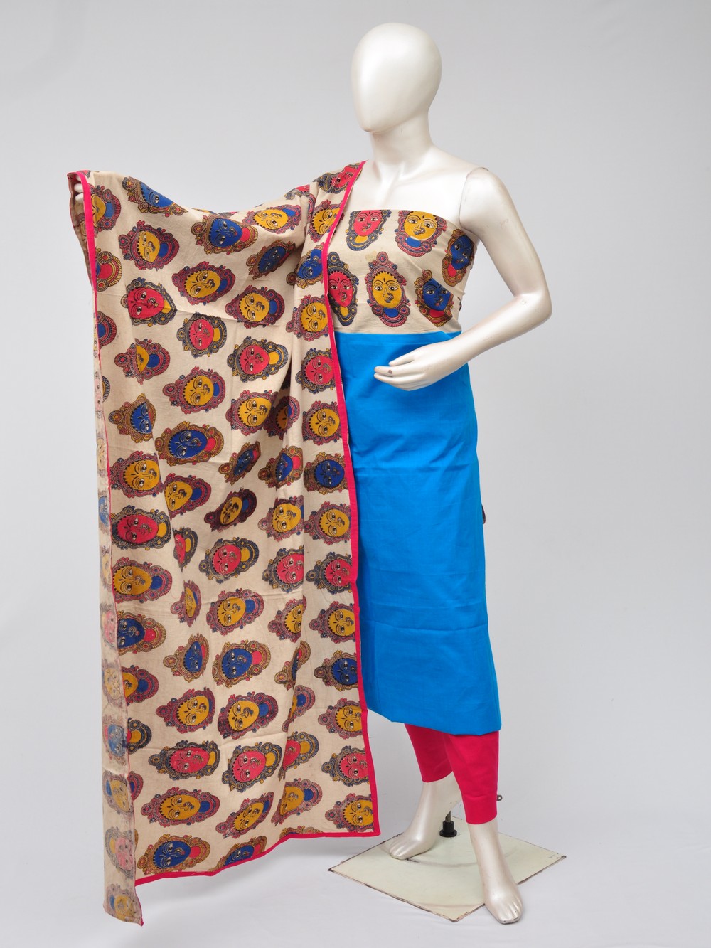 Kalamkari Printed Dress Material enhanced with lace detailing and handwork.(Black)