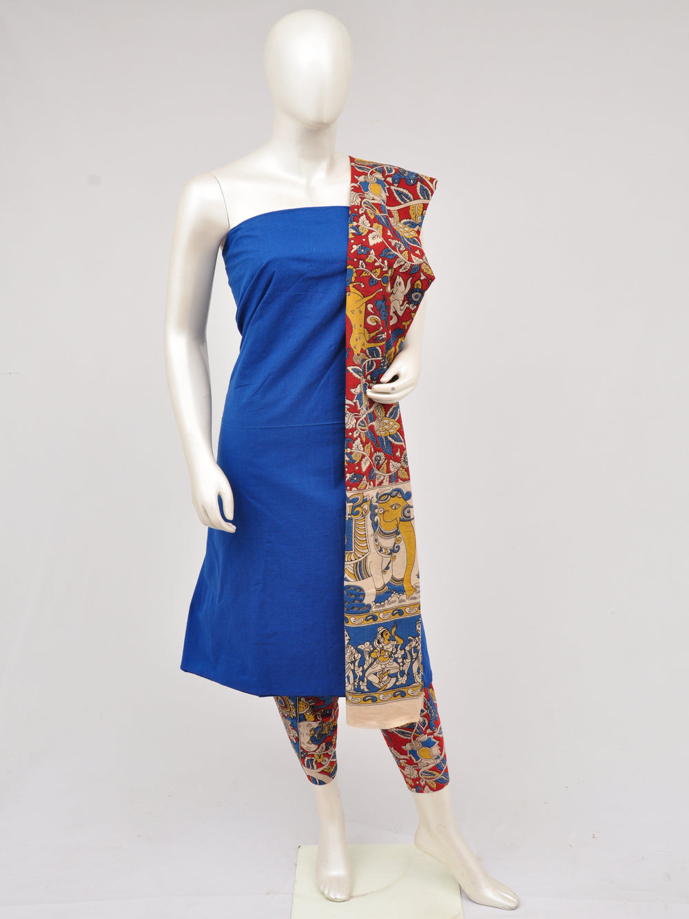 Kalamkari Printed Dress Material enhanced with lace detailing and handwork.(Yellow)